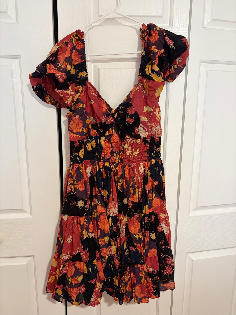 Free People Black Floral Puff Sleeve Mini Dress - Red, Orange, Yellow